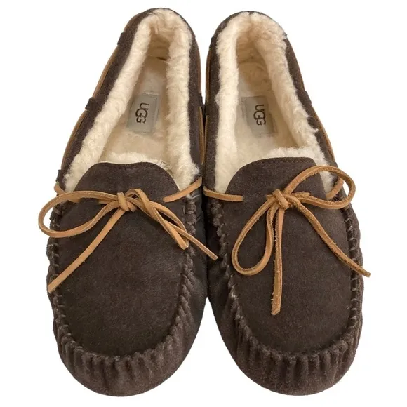 UGG Olsen Espresso Brown Suede Sheepskin Lined Slip On Mocs Slippers