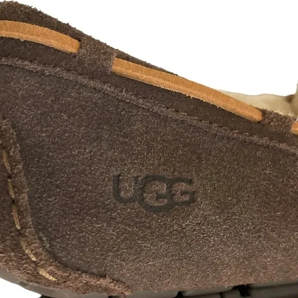 UGG Olsen Espresso Brown Suede Sheepskin Lined Slip On Mocs Slippers