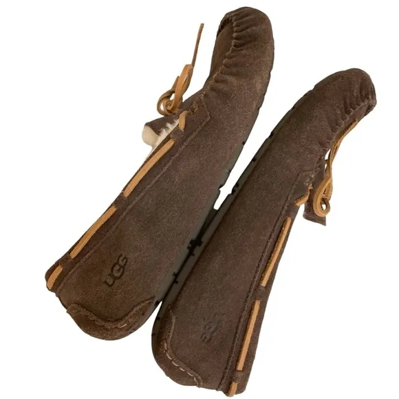 UGG Olsen Espresso Brown Suede Sheepskin Lined Slip On Mocs Slippers