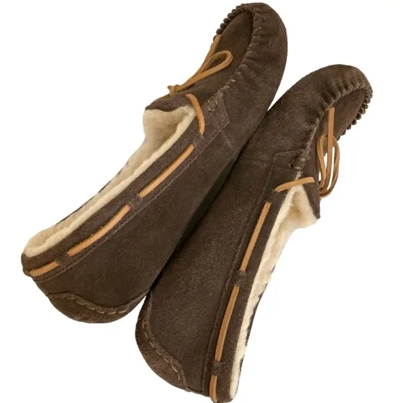 UGG Olsen Espresso Brown Suede Sheepskin Lined Slip On Mocs Slippers