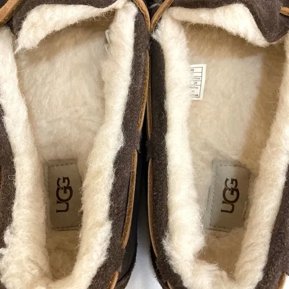 UGG Olsen Espresso Brown Suede Sheepskin Lined Slip On Mocs Slippers