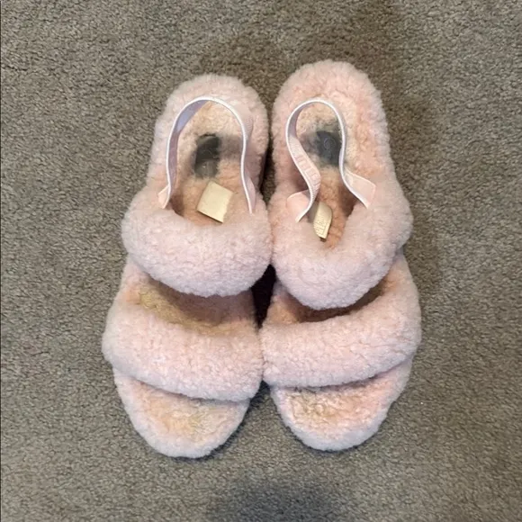 UGG Pink Plush Slippers with Double Strap Design