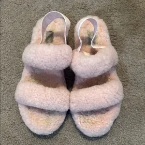 UGG Pink Plush Slippers with Double Strap Design