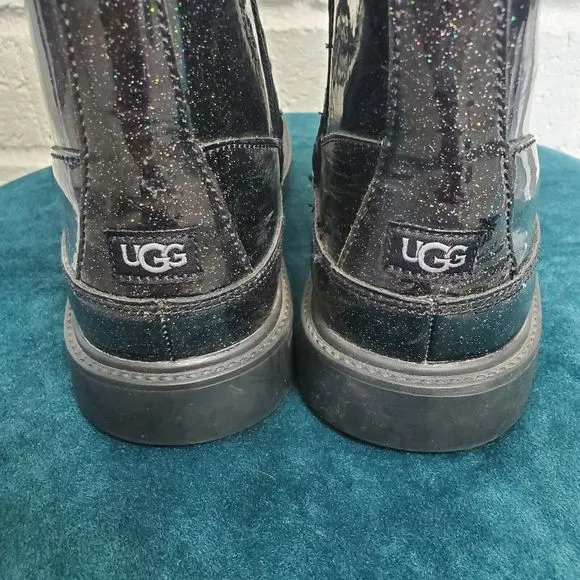 UGG Robley Ankle Boots Youth Kids Size 6 Womens 8 Black Glitter Patent Leather