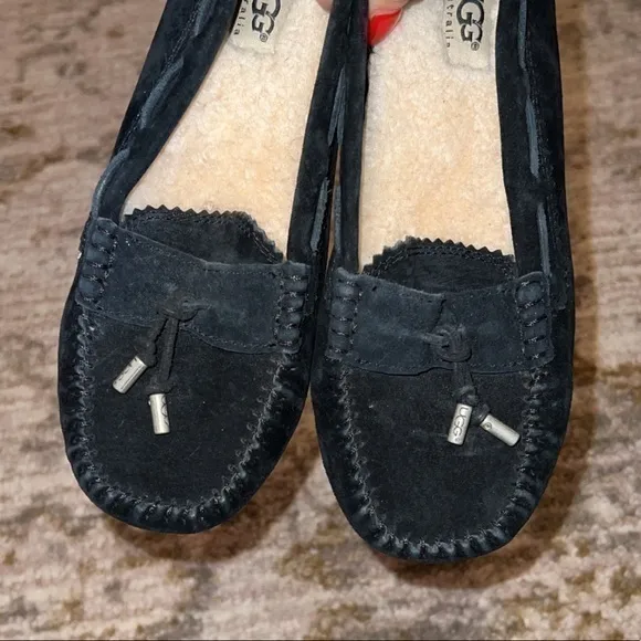 UGG Roni Black Suede Leather Slip On Slippers‎ Moccasins Casual Shoes