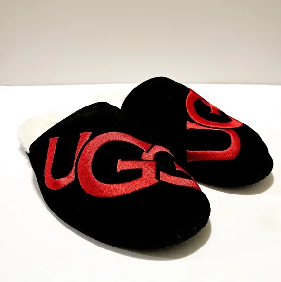UGG Scuff Logo Suede Wool Indoor Size 11 Men's Slippers Black Sandals