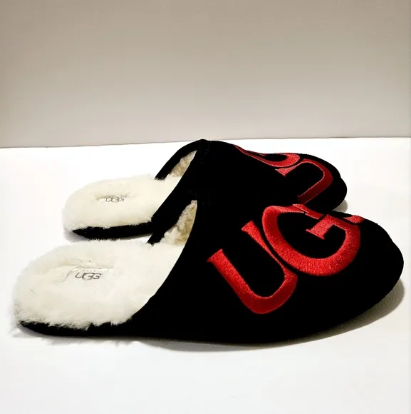 UGG Scuff Logo Suede Wool Indoor Size 11 Men's Slippers Black Sandals