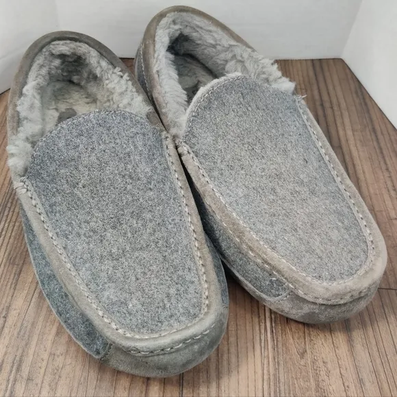 UGG Slippers Ascot Wool Gray Suede Moc Toe Moccasin Slip On Loafer Lined Men's 8