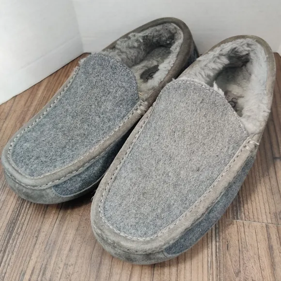 UGG Slippers Ascot Wool Gray Suede Moc Toe Moccasin Slip On Loafer Lined Men's 8