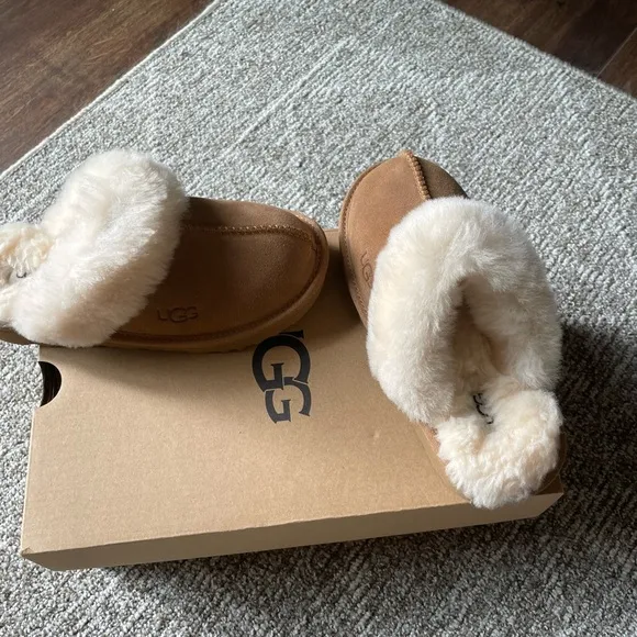 UGG Tan Slippers with Cream Sheepskin Collar