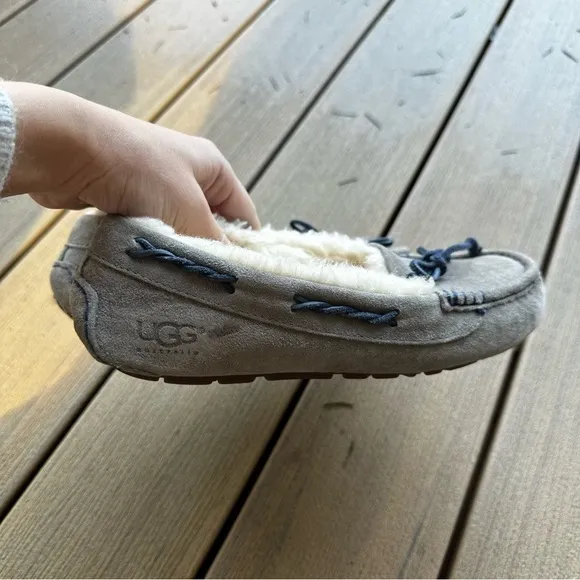 UGG Tate Gray Suede Slippers Moccasin Sheepskin Wool Lined Size 6 Women’s