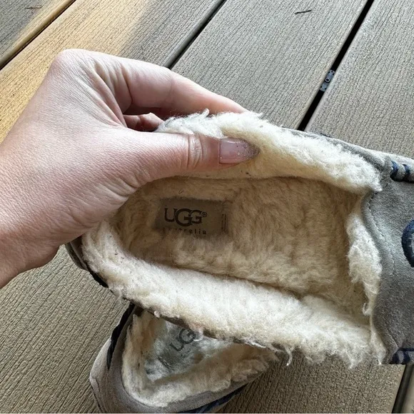 UGG Tate Gray Suede Slippers Moccasin Sheepskin Wool Lined Size 6 Women’s