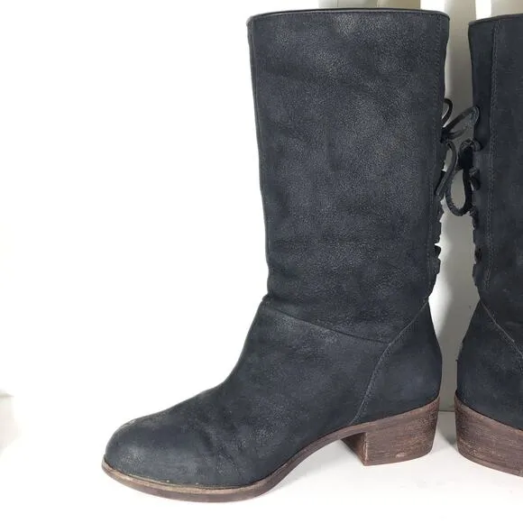 UGG Women's Cary US8,5 Black Nubuck Leather Back Lace Pull On Mid Calf Boots