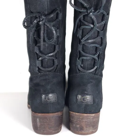 UGG Women's Cary US8,5 Black Nubuck Leather Back Lace Pull On Mid Calf Boots