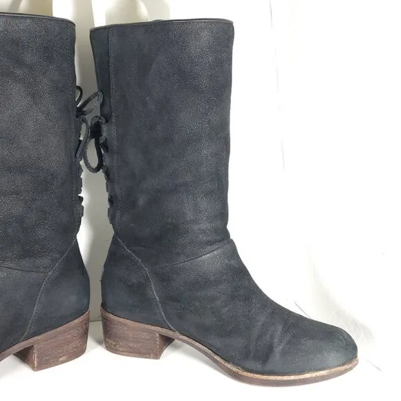 UGG Women's Cary US8,5 Black Nubuck Leather Back Lace Pull On Mid Calf Boots