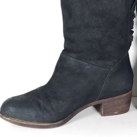 UGG Women's Cary US8,5 Black Nubuck Leather Back Lace Pull On Mid Calf Boots