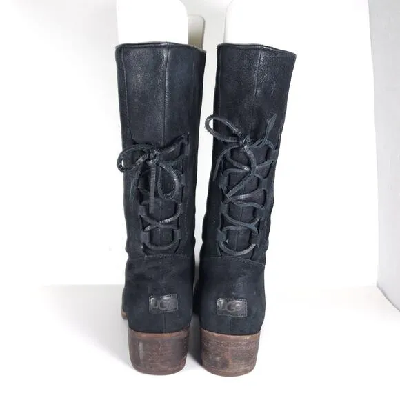 UGG Women's Cary US8,5 Black Nubuck Leather Back Lace Pull On Mid Calf Boots