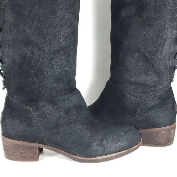 UGG Women's Cary US8,5 Black Nubuck Leather Back Lace Pull On Mid Calf Boots