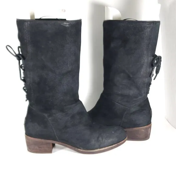 UGG Women's Cary US8,5 Black Nubuck Leather Back Lace Pull On Mid Calf Boots
