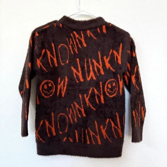 UNKNOWN Graphic Pullover Brown Orange Luxe Soft Knit Smiley Face Indie Emo XS