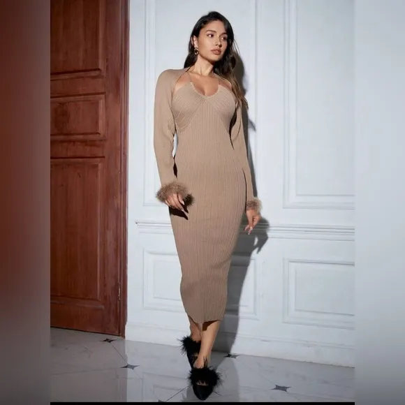 Used once  Brown Long Sleeve Solid Knit Midi Dress Size Medium✨