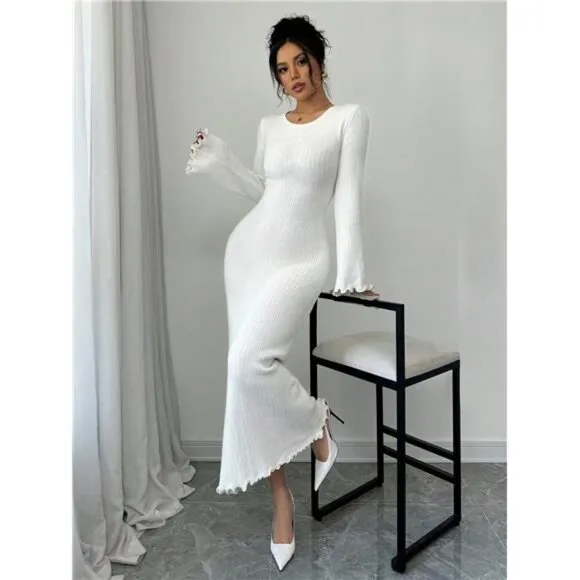 V-Neck Mid-Length Slim Fit Sweater Dress