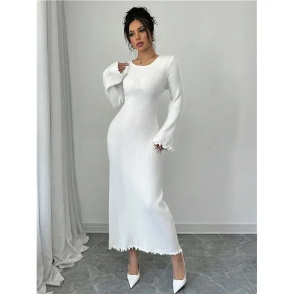 V-Neck Mid-Length Slim Fit Sweater Dress