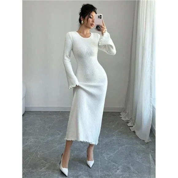 V-Neck Mid-Length Slim Fit Sweater Dress