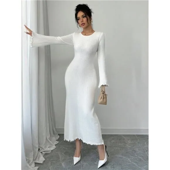 V-Neck Mid-Length Slim Fit Sweater Dress
