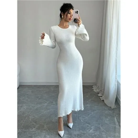 V-Neck Mid-Length Slim Fit Sweater Dress