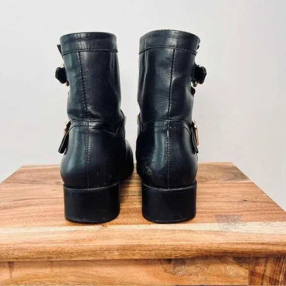 Valentino Rockstud Black Gold Leather Moto Combat Biker Ankle Booties Boots 6