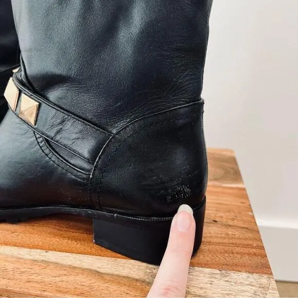 Valentino Rockstud Black Gold Leather Moto Combat Biker Ankle Booties Boots 6