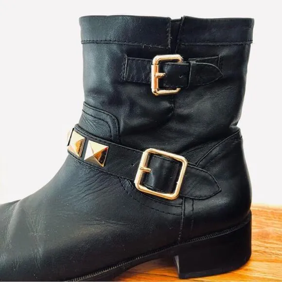 Valentino Rockstud Black Gold Leather Moto Combat Biker Ankle Booties Boots 6