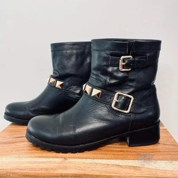 Valentino Rockstud Black Gold Leather Moto Combat Biker Ankle Booties Boots 6
