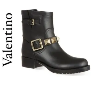 Valentino Rockstud Black Gold Leather Moto Combat Biker Ankle Booties Boots 6