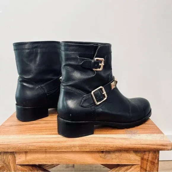 Valentino Rockstud Black Gold Leather Moto Combat Biker Ankle Booties Boots 6