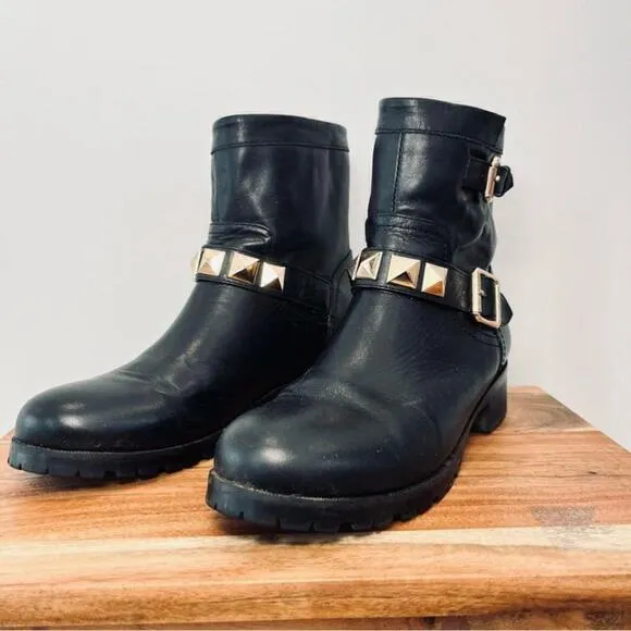 Valentino Rockstud Black Gold Leather Moto Combat Biker Ankle Booties Boots 6