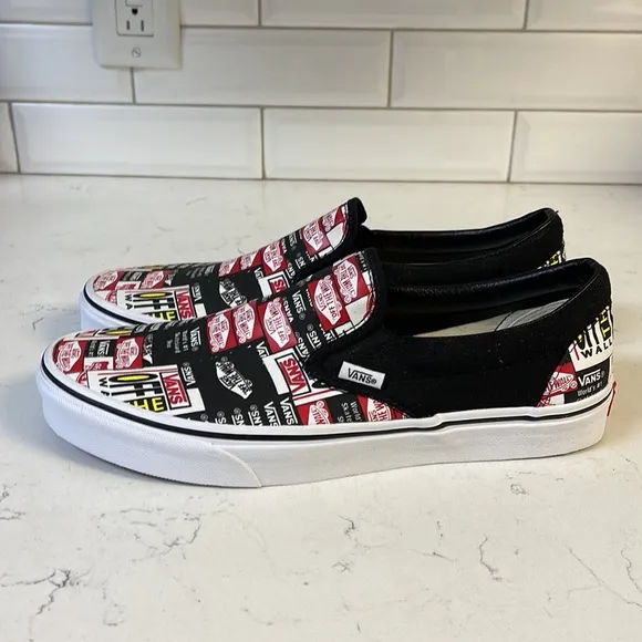 VANS CLASSIC SLIP-ON LABEL MIX SHOE BLACK TRUE WHITE Mens Size 10 NWOT