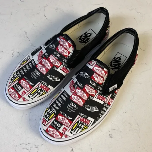 VANS CLASSIC SLIP-ON LABEL MIX SHOE BLACK TRUE WHITE Mens Size 10 NWOT