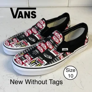 VANS CLASSIC SLIP-ON LABEL MIX SHOE BLACK TRUE WHITE Mens Size 10 NWOT
