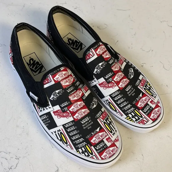VANS CLASSIC SLIP-ON LABEL MIX SHOE BLACK TRUE WHITE Mens Size 10 NWOT