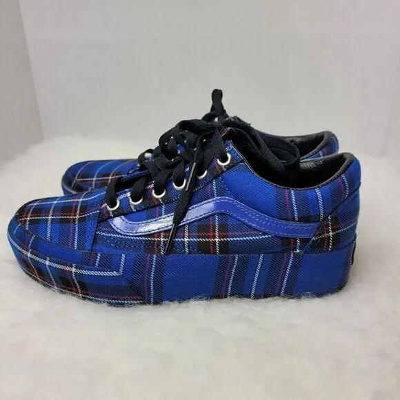 Vans Old Skool Platform Patent Plaid Blue Black Limoges Sneaker Shoes Size 6.5