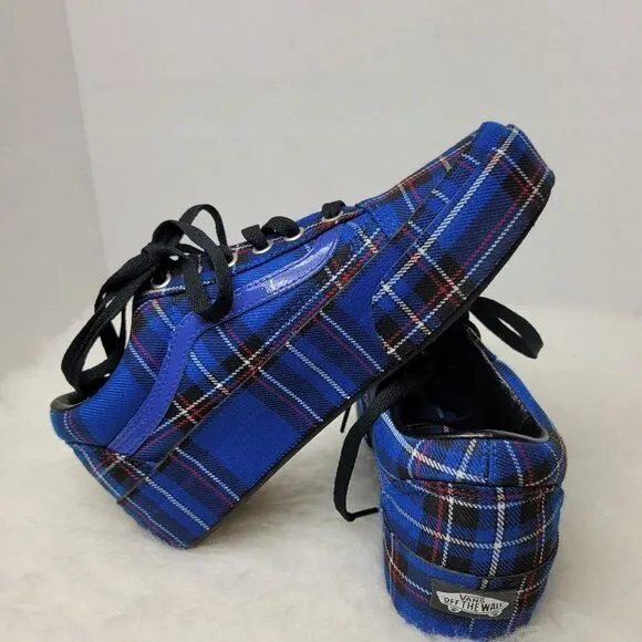 Vans Old Skool Platform Patent Plaid Blue Black Limoges Sneaker Shoes Size 6.5