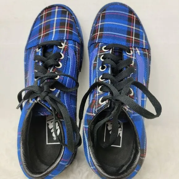 Vans Old Skool Platform Patent Plaid Blue Black Limoges Sneaker Shoes Size 6.5