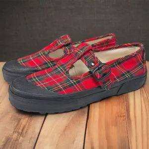 VANS Red Tartan Plaid One-Buckle Mary Jane Womens Size 7.5 Chunky Soles Shoes