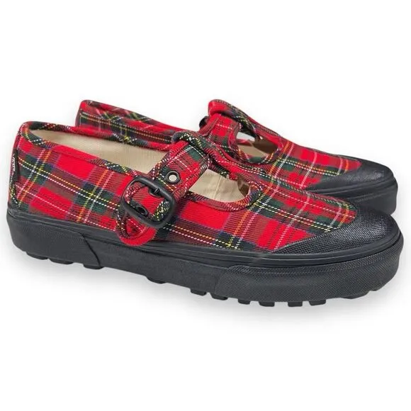VANS Red Tartan Plaid One-Buckle Mary Jane Womens Size 7.5 Chunky Soles Shoes