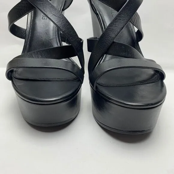 VERA WANG Black Leather Wedge Platform Sandals Size 9.5