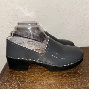VERKA Jobba Gray Stone Swedish Slip On Wooden Patent Leather Chunky Clog Shoes