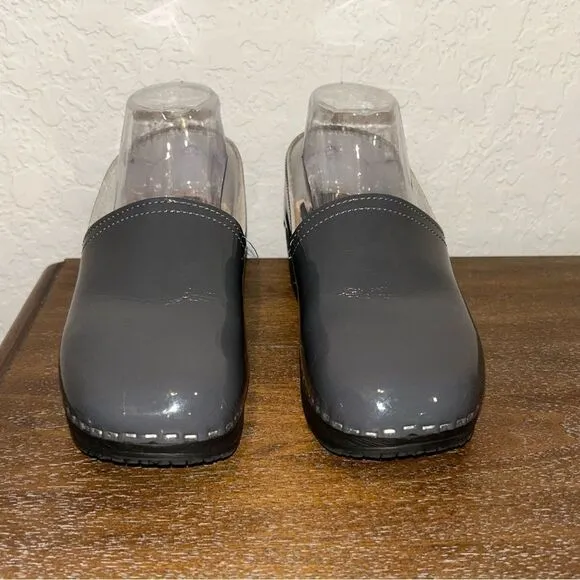 VERKA Jobba Gray Stone Swedish Slip On Wooden Patent Leather Chunky Clog Shoes