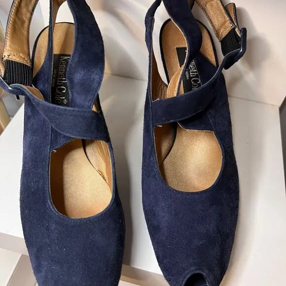 VGT Kenneth Cole Navy Blue Suede Peep-Toe Mary Jane‎ Pumps-Size 9.5